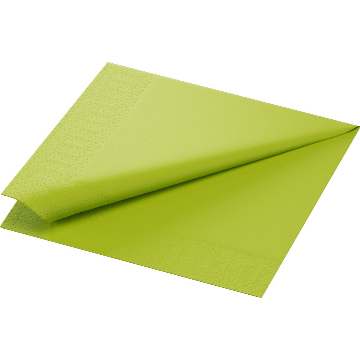 Un șervețel de hârtie Kiwi pliat curat, strălucitor, al companiei Duni GmbH, 40x40 cm, 3 straturi, 1/4 pliat, cu margine discret embosată, este prezentat pe un fundal alb simplu. Pachetul conține 250 de șervețele.