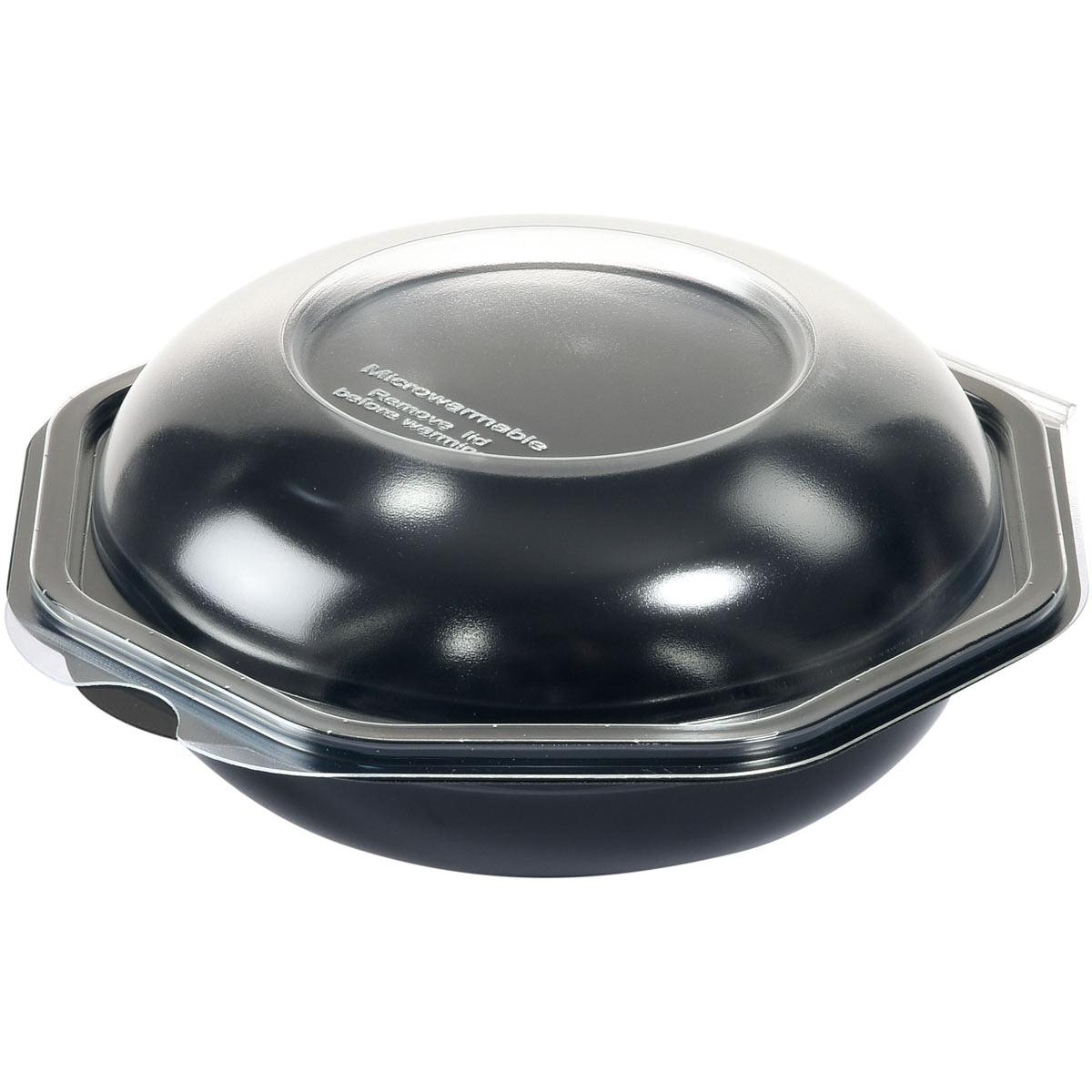 Die Abbildung zeigt eine Duni GmbH Octabowl® schwarz/transparent (160x160x72 mm), eine vielseitige Schale mit klarem, gewölbtem Deckel, leer präsentiert vor weißem Hintergrund. Verpackungseinheit: 405 Stück.