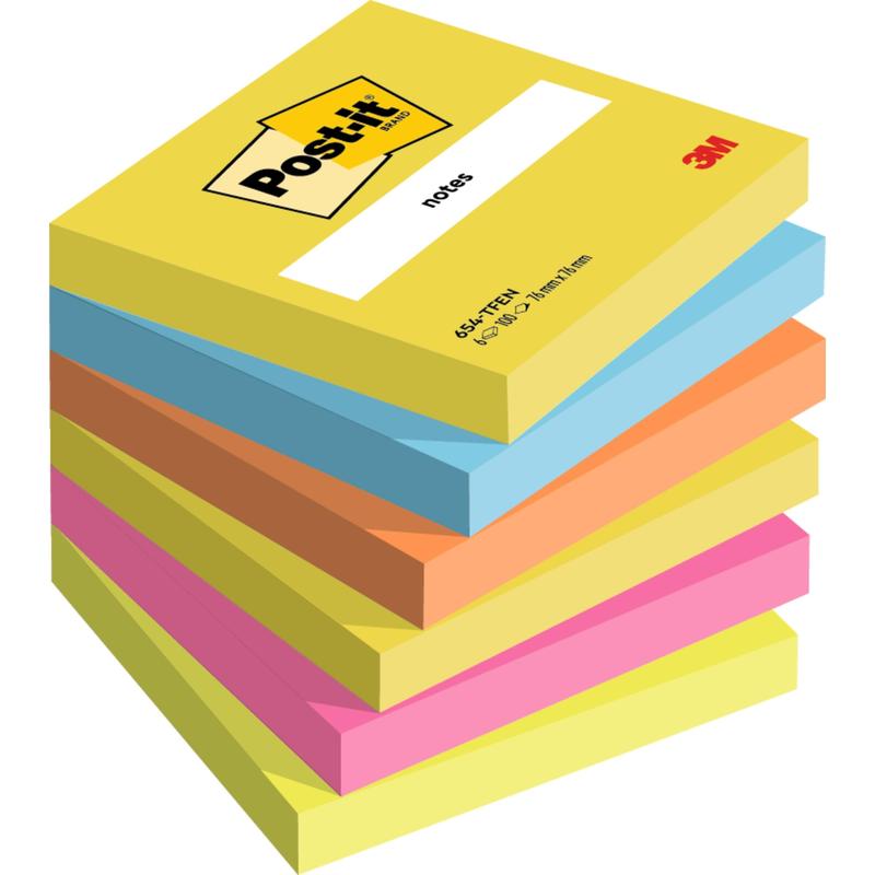 Un pachet de șase Post-it® Notes 76x76 mm (Colecția Energetic) de la 3M Deutschland GmbH, cu 100 de foi per bloc în culori diferite. Fabricat din hârtie certificată 100% PEFC (SGSCH-PEFC-COC-110078) pentru sustenabilitate.