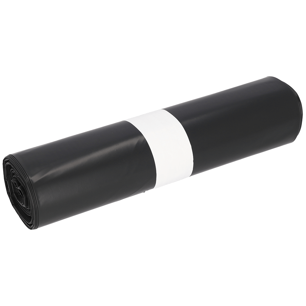 Imaginea prezintă un rolă EMIL DEISS KG (GmbH + Co.) DEISS 15005 saci de gunoi negri, 700x1100x0,06 mm (25 bucăți), cu o bandă de hârtie albă în jurul mijlocului, pe un fundal alb simplu.