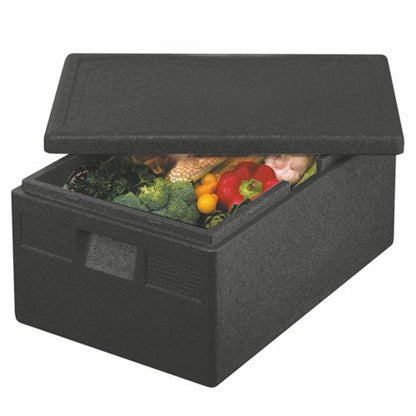 Un container de transport izolat Starpak parțial deschis, EPP 68,5 x 48,5 x 36 cm negru "Normă Euro", arată în interior diverse legume precum broccoli, ardei roșu, porumb și roșii.