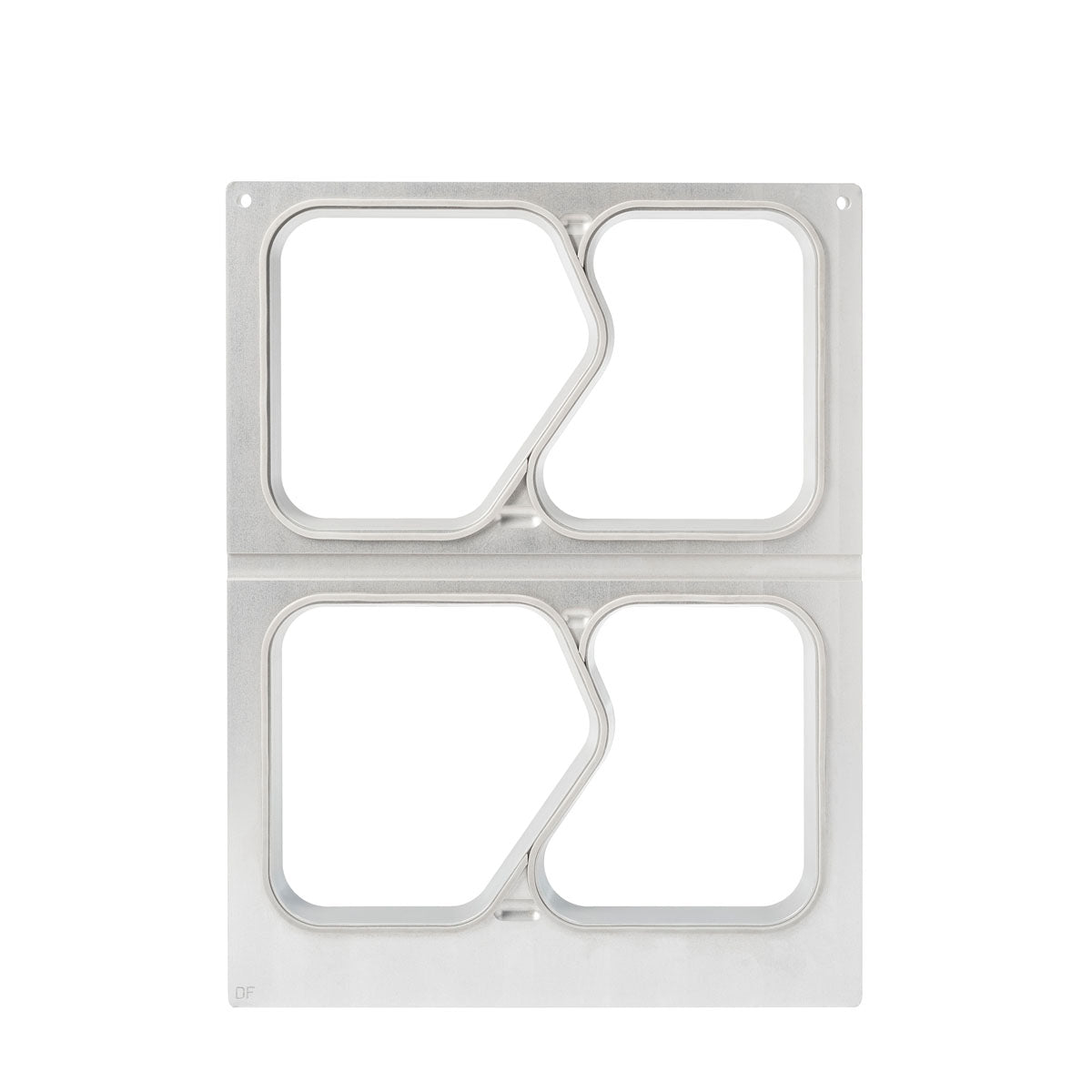 Eine rechteckige Metallkassette DF15/25 für PP 1/4 GN Menüschalen 630 ml von Duni GmbH mit zwei identischen quadratischen Öffnungen, die durch einen schrägen Zickzack-Teiler getrennt sind, fotografiert vor einem weißen Hintergrund.