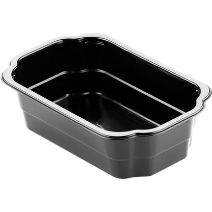 Recipientul alimentar PP Take-Away Negru PP 250x159 de la Duni GmbH este un recipient de mâncare negru, dreptunghiular, pentru luat la pachet, cu margini rotunjite și suprafață lucioasă, prezentat gol pe un fundal alb.