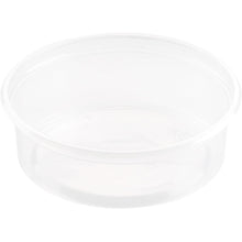 Ein klarer, runder Delipack Transparent PP 101x101 Behälter von Duni GmbH (Packung 50 Stück), glatte Seiten, ohne Deckel, ideal für Lebensmittelaufbewahrung, leer vor weißem Hintergrund dargestellt.