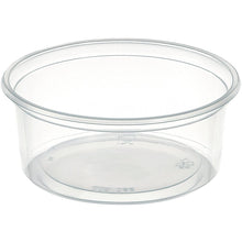 Ein klarer, runder Delipack rund Transparent PP 101x101 Behälter von Duni GmbH (Packung: 50 Stück) mit glattem Rand und ohne Deckel steht auf weißem Hintergrund. Recycling- und lebensmittelsichere Symbole sind sichtbar-ideal zur Aufbewahrung.