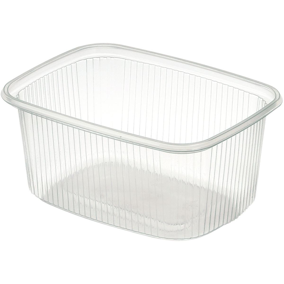 Un recipient alimentar transparent, dreptunghiular, Delipack din PP al Duni GmbH, cu striații verticale pe părțile laterale și fără capac, este prezentat pe un fundal alb.