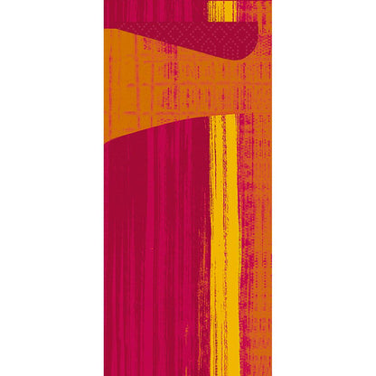 Abstraktes digitales Kunstwerk mit vertikalen roten und gelben Strichen und einer gewellten kastanienbraunen Form, inspiriert von der weichen, geschichteten Textur des Sacchetto Zelltuch 190 x 85 mm der Duni GmbH, das solide und strukturierte visuelle Elemente vermischt.