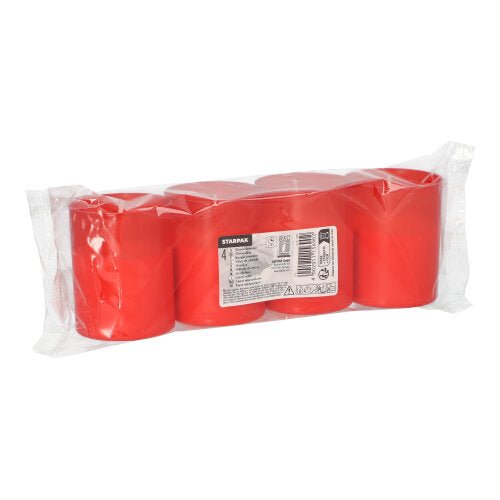 Un ambalaj transparent din plastic conține patru lumânări roșii de mormânt PAPSTAR "Stundenbrenner" (Ø 5 cm, 6,5 cm înălțime) de la PAPSTAR GmbH, care au pe partea din față o etichetă albă cu informații despre produs și cod de bare.