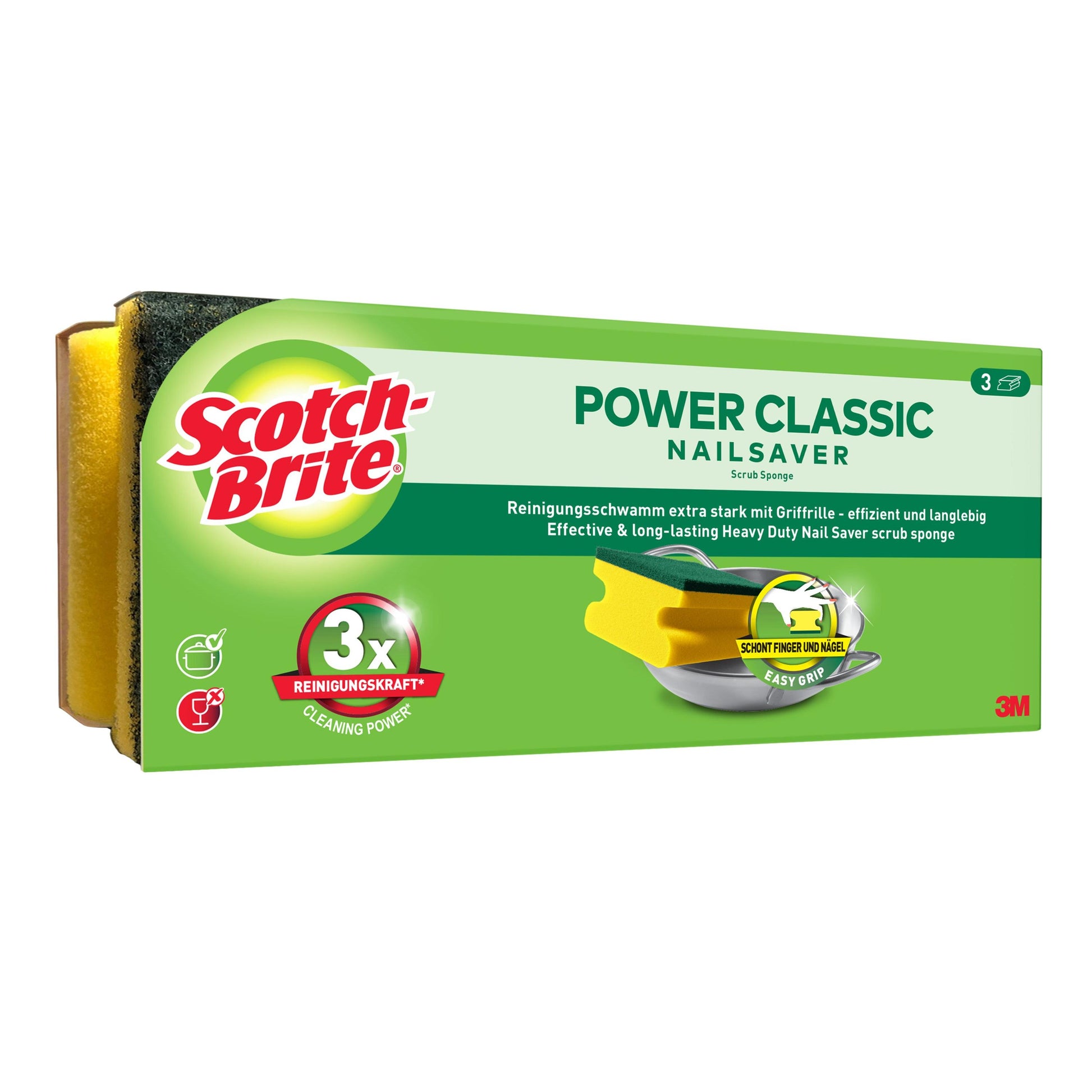 Eine Schachtel Scotch-Brite® Classic Griffschwamm der 3M Deutschland GmbH, mit grünen und gelben Schwämmen mit Produktbranding und zwei gelben Schwämmen mit grünen Scheuerflächen für eine effektive Reinigung.