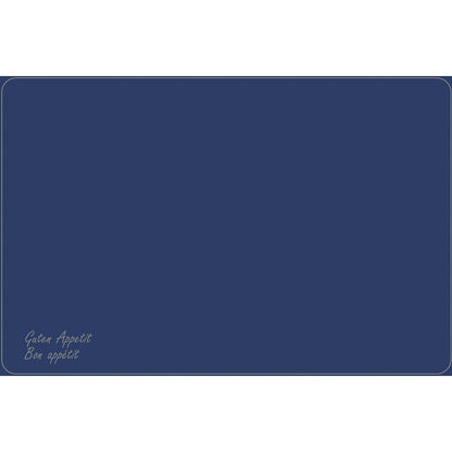 Ein rechteckiges 33 x 48 cm großes Dunicel-Tischsets der Duni GmbH in Dunkelblau, verziert mit weißen Umrandungen und "Guten Appetit" & "Bon appétit" in Schreibschrift in der Ecke. Ideal für elegante Tischsets von Vesca Norm.