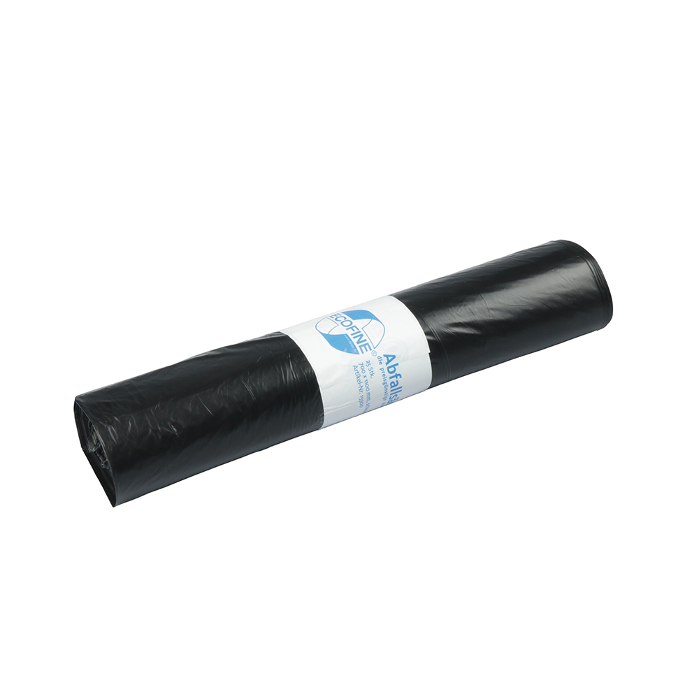 Un sul de saci de gunoi DEISS ECOFINE® 13900 din LDPE/LLDPE reciclat, 120 litri, de la EMIL DEISS KG (GmbH + Co.), cu etichetă albă, pentru eliminarea ecologică, este vizibil pe un fundal alb.