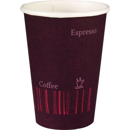 Cănițele Duni GmbH "COFFEE QUICK" PAP/PE (50 bucăți) au un design roșu închis și negru cu "Espresso", "Coffee", un simbol de ceașcă și linii verticale - ideale ca pahare de cafea to go care nu se varsă.
