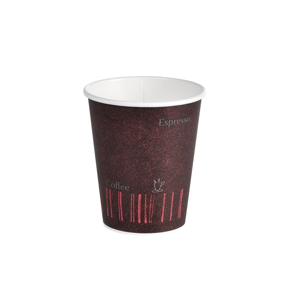 Cănița Duni GmbH Coffee Quick Imprimată PAP/PE (pachet de 50 bucăți) are un design maro închis și roșu cu inscripția "COFFEE QUICK" - paharul gol perfect pentru a savura băuturi calde în mișcare.