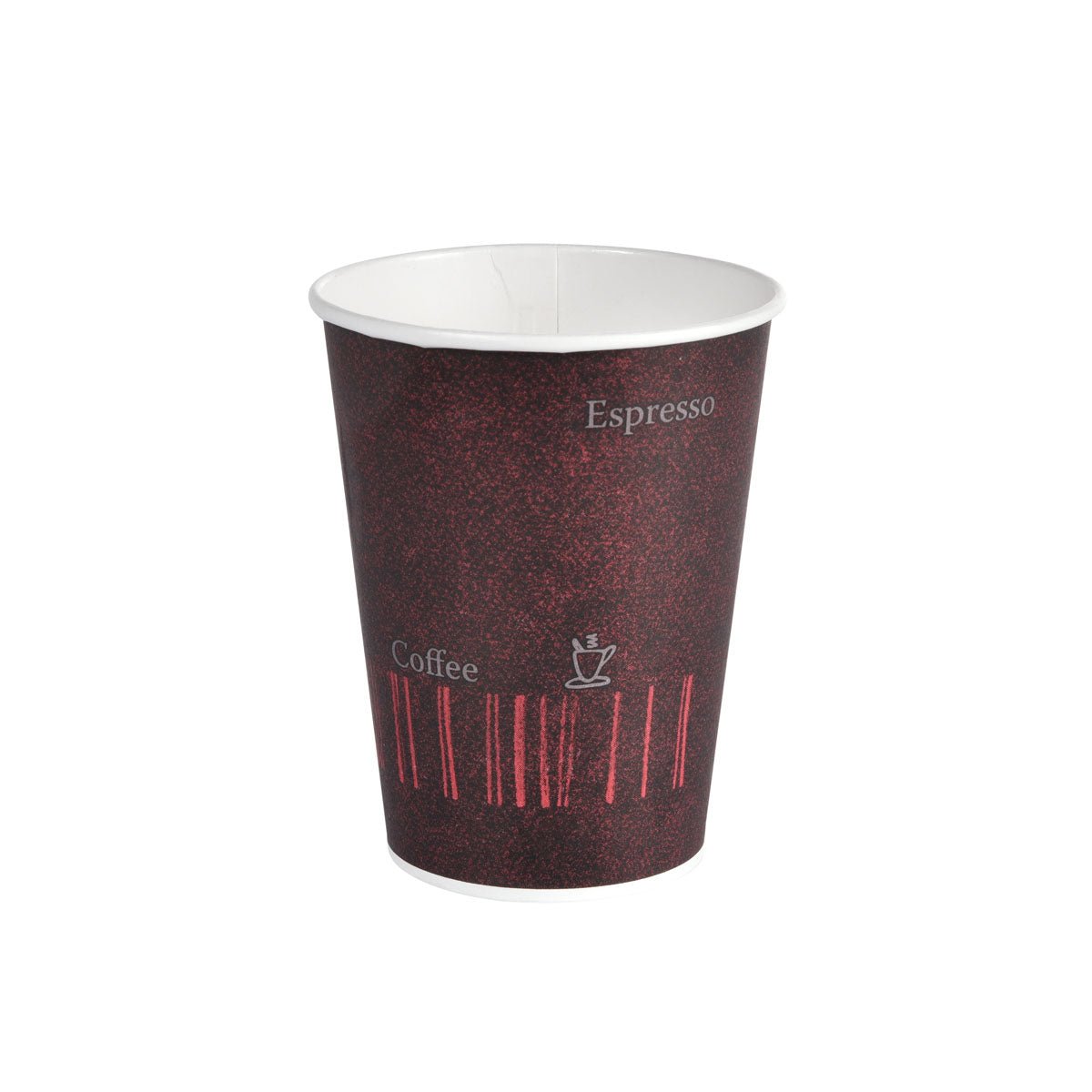 Cănița Duni GmbH Coffee Quick Imprimată PAP/PE (pachet de 50 bucăți) prezintă un design închis, texturat, cu "Espresso", "Cafea" și un simbol de ceașcă. Paharul gol pentru cafea to go este așezat pe un fundal alb simplu.