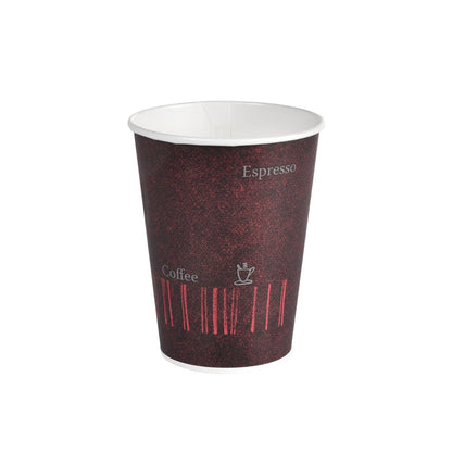 Cănița Duni GmbH Coffee Quick Imprimată PAP/PE (pachet de 50 bucăți) prezintă un design închis, texturat, cu "Espresso", "Cafea" și un simbol de ceașcă. Paharul gol pentru cafea to go este așezat pe un fundal alb simplu.