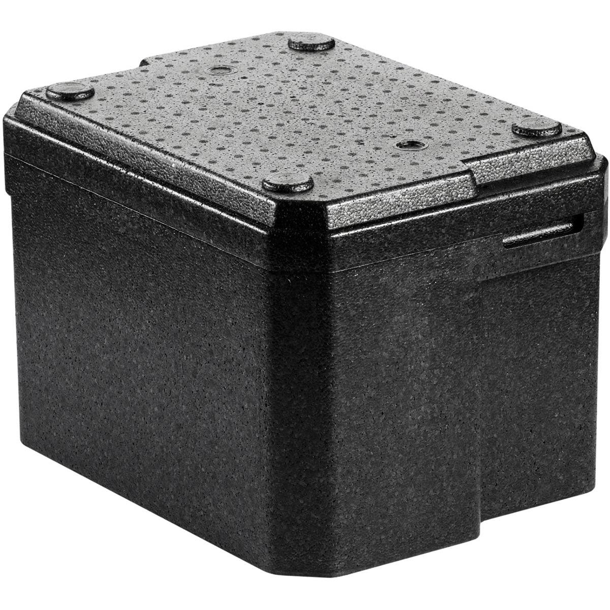 Die Duni GmbH Thermobox 1 Schwarz EPP ist eine schwarze rechteckige EPP-Box mit strukturiertem Deckel und abgerundeten Ecken, die zur Isolierung und Aufbewahrung konzipiert wurde - perfekt als Lebensmitteltransportbox für den gastronomischen Einsatz.