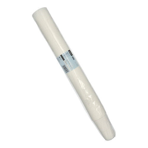 Un teanc sigilat de pahare Starpak 100 din PP alb, învelit în folie de plastic clară cu o etichetă de cod de bare în mijloc - ideal pentru evenimente.