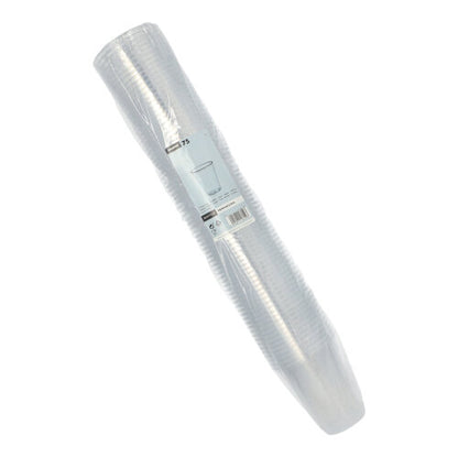 Ein Stapel Starpak 75 Trinkbecher, PS klar mit Schaumrand, verpackt in einer transparenten Kunststoffverpackung mit einem weißen Etikett, auf dem die Produktdaten angegeben sind.