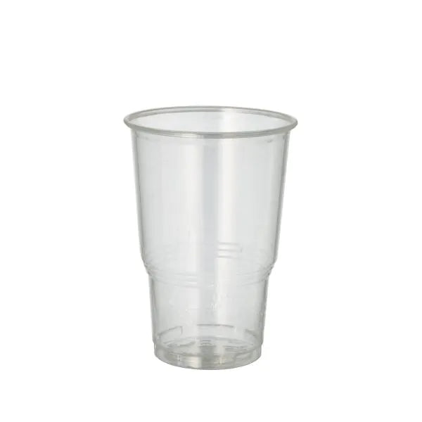 Paharul pentru băuturi reci PAPSTAR 70, PLA "pure" clar ca cristalul cu margine de spumă de la PAPSTAR GmbH stă vertical pe un fundal alb simplu și își prezintă designul ecologic, ideal pentru servirea băuturilor reci.