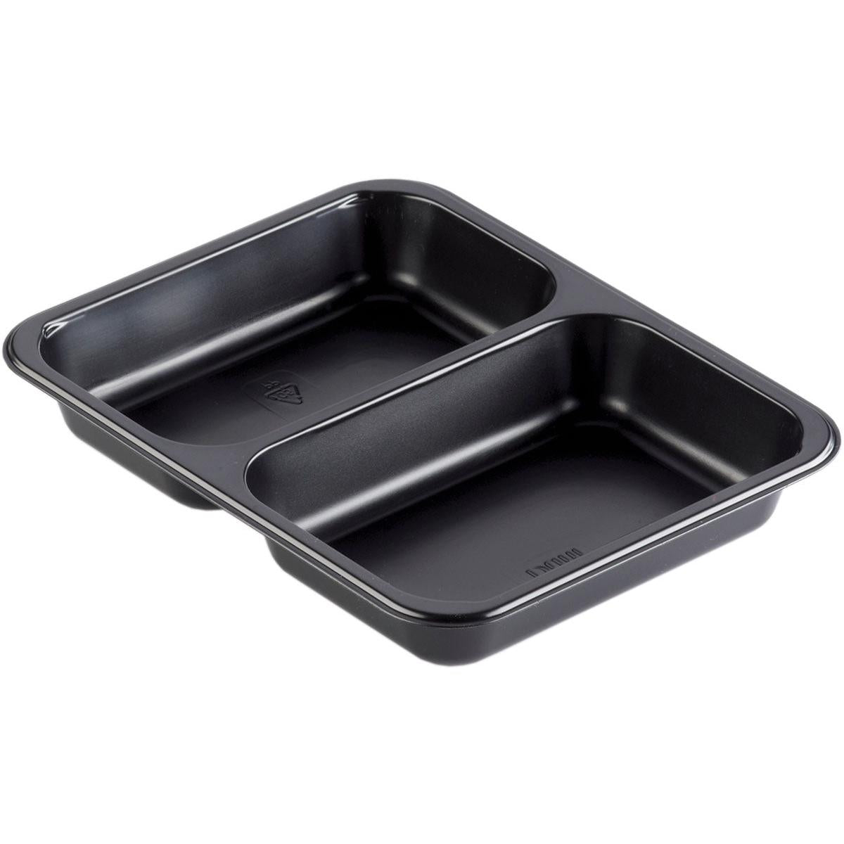 Bolul PP Caterline 2 Negru PP 227x178 de la Duni GmbH este un bol dreptunghiular cu două compartimente rotunjite, ideal pentru evenimente de catering și este prezentat pe un fundal alb.