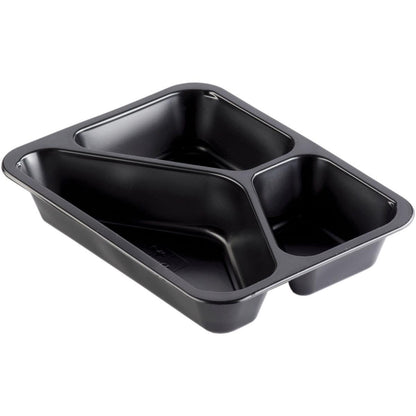 Duni GmbH PP-Schale Caterline 3 Negru PP 227x178 este un bol de servire negru cu trei compartimente (unul mare, două mici), ideal pentru servirea sau ambalarea alimentelor în gastronomie sau catering.