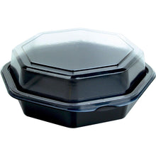 Ein geschlossener, schwarzer Octaview® Behälter (Duni GmbH, PS 160x160x60 mm, Packung 20 Stück) mit transparentem Deckel ist auf weißem Hintergrund zu sehen; ideal zur Aufbewahrung kleiner Gegenstände und wirkt leer.