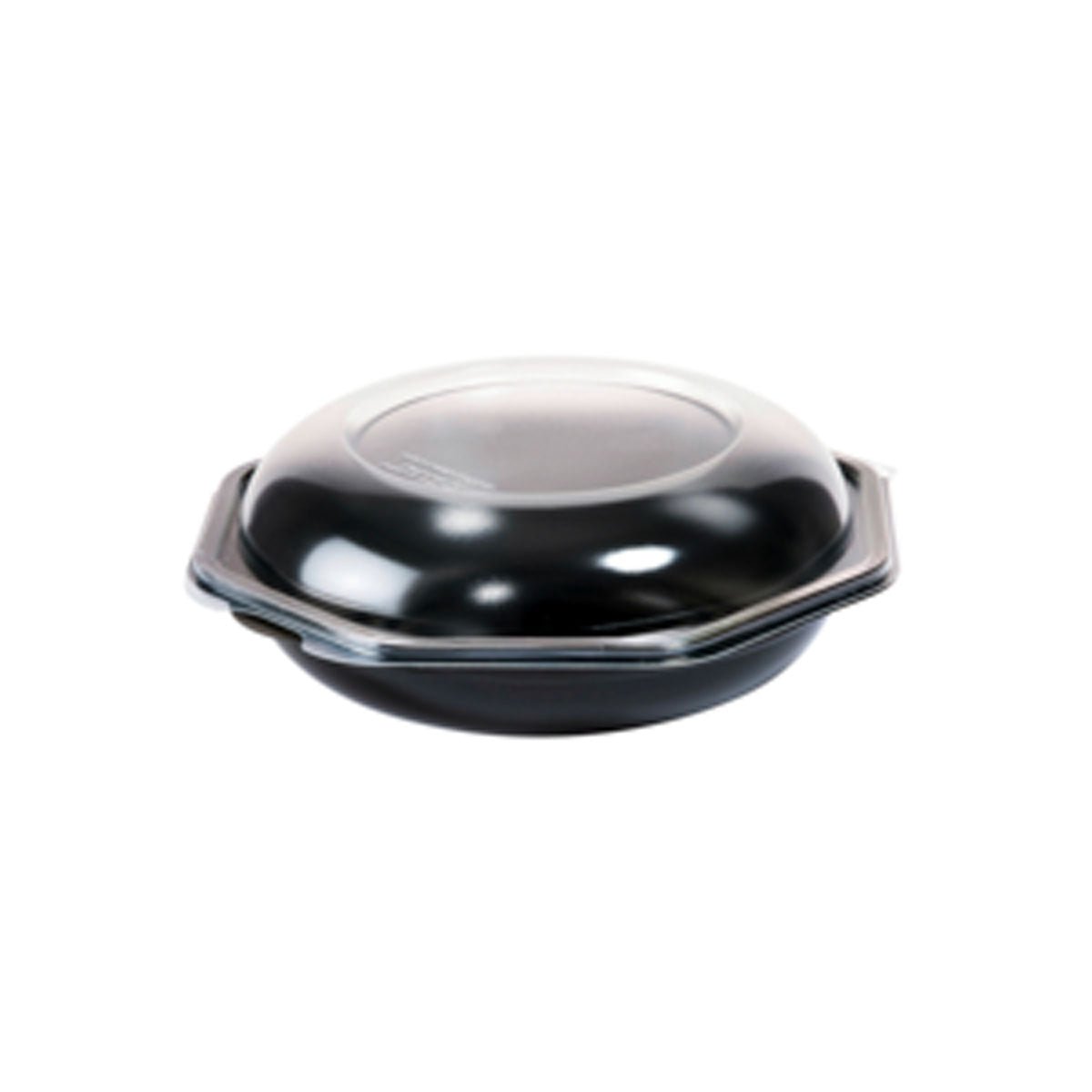 Un Octabowl® negru (Duni GmbH, C&C Pachet cu 149865) recipient de preluare în PS Negru/Transparent, 190x190x71mm, cu capac bombat și mânere laterale mici - ideal pentru industria alimentară sau utilizarea zilnică. Pachet: 20 de bucăți. Reprezentat pe fundal alb.