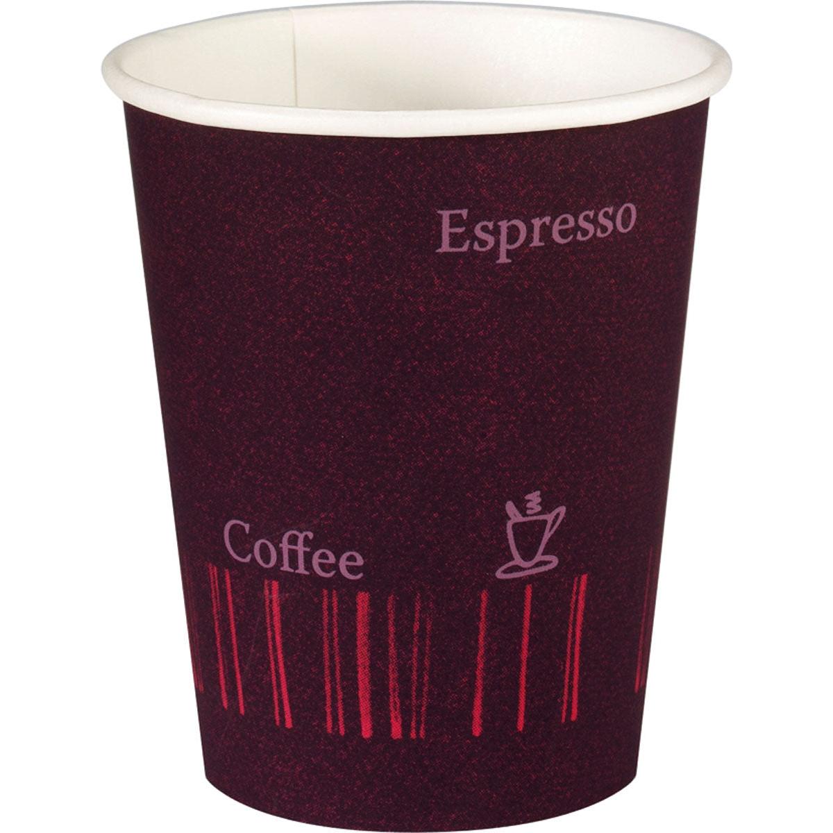 Cănițele Duni GmbH "COFFEE QUICK" Imprimată PAP/PE (50 bucăți) sunt pahare mici de unică folosință, care nu se varsă, cu un design de cafea maro castaniu - ideale pentru momentele de cafea to go.