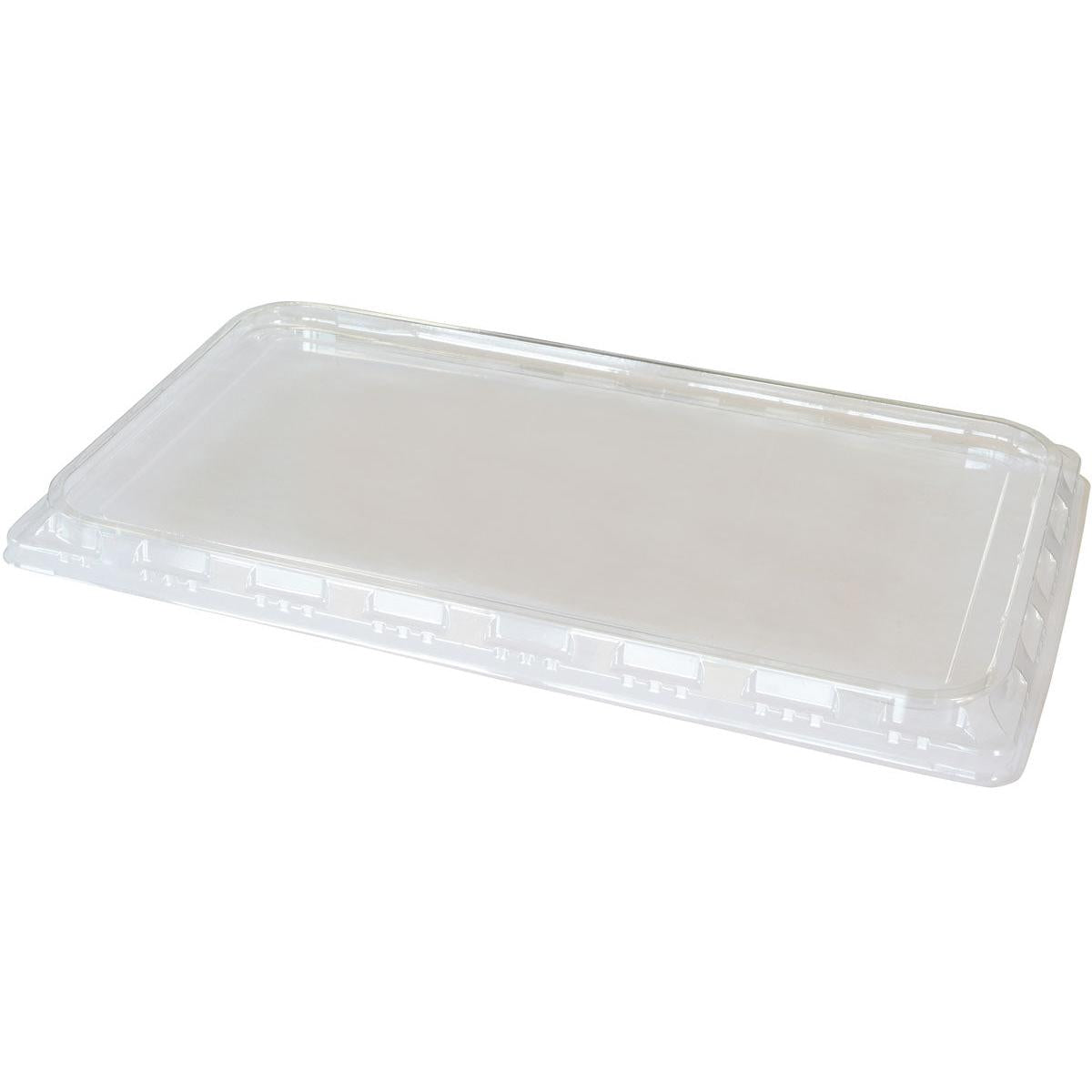 Un capac transparent APET pentru 1/1 GN de la Duni GmbH (530x325x30 mm, pachet cu 32 de bucăți) se află plat pe un fundal alb și prezintă o margine ridicată din material clar.