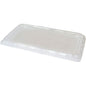 Un capac transparent APET pentru 1/1 GN de la Duni GmbH (530x325x30 mm, pachet cu 32 de bucăți) se află plat pe un fundal alb și prezintă o margine ridicată din material clar.