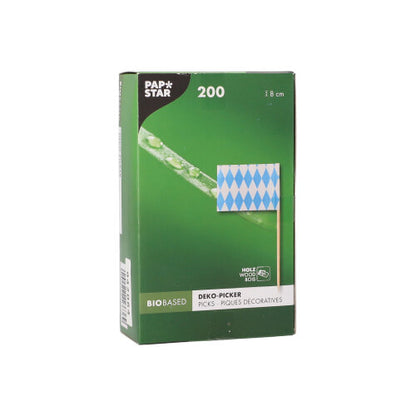 O cutie verde de la PAPSTAR GmbH cu inscripția „PAPSTAR 200 Deko-Picker 8 cm” conține scobitori pe bază de biomasă, fiecare prevăzută cu un steag albastru-alb cu carouri - perfect pentru prezentarea finger food. Ambalajul conține detalii despre produs în mai multe limbi.