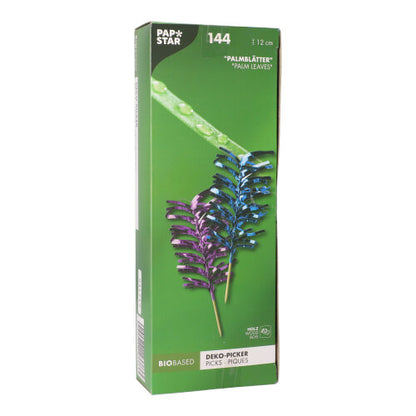 O cutie verde cu inscripția "PAPSTAR 144 bețe decorative sortate colorat" de la PAPSTAR GmbH conține 144 de bețe colorate din lemn, ideale ca umbreluțe decorative pentru înghețată la petreceri. Ambalajul pe bază de bio este ecologic și stilat.