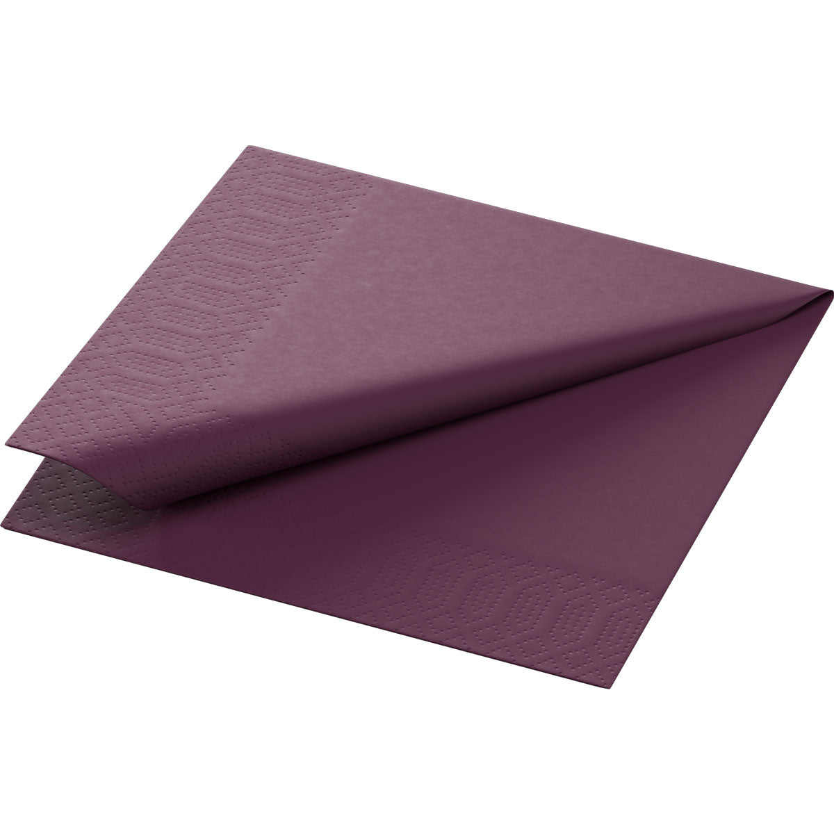 Un șervețel pliat, de culoare violet închis, Duni GmbH Zellt.-Servietten 24x24 cm, cu 3 straturi, un șervețel moale dintr-un pachet de 250 de bucăți este întins și prezintă modele de margine în relief.