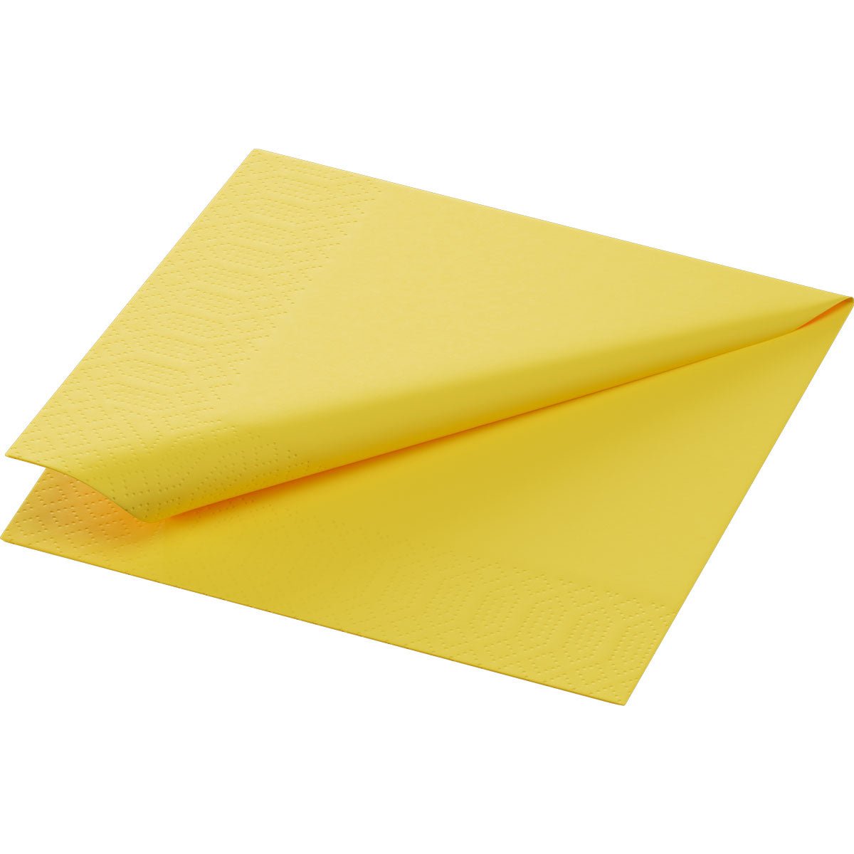 Un șervețel de hârtie galben, cu 3 straturi, de la Duni GmbH Zellt.-Servietten (24x24 cm) dintr-un pachet de 250 de bucăți este ilustrat parțial pliat și prezintă un model embosat pe o margine pe un fundal alb uni.