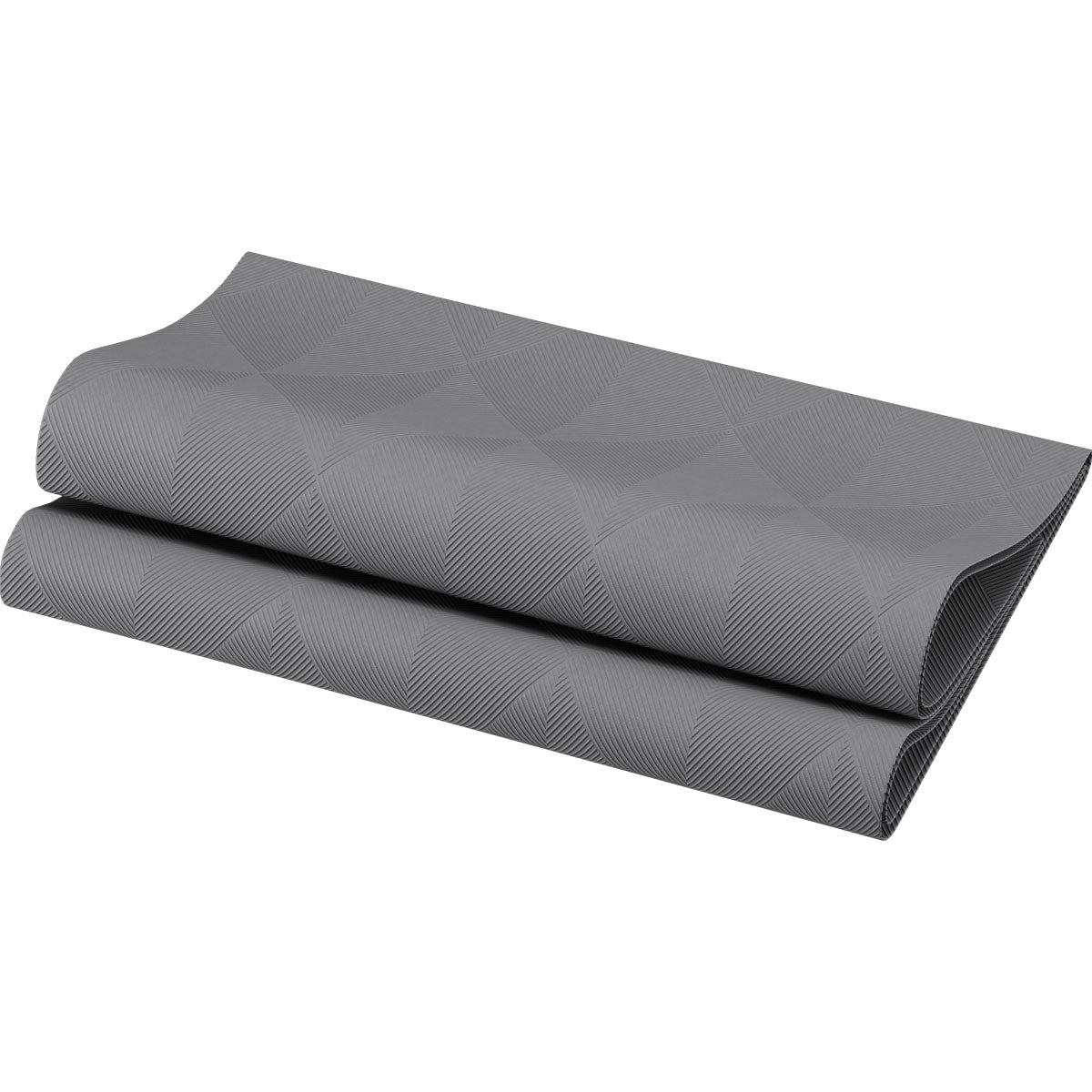 Imaginea arată un șervețel Elegance pliat cu grijă 40x40 cm în gri granit de la Duni GmbH, cu un model geometric discret, inspirat de decorațiuni de masă de înaltă calitate; fiecare pachet conține 40 de șervețele de înaltă calitate.