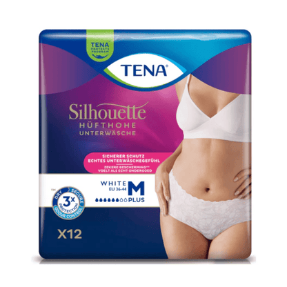 Un pachet de TENA Silhouette Plus White Pantaloni pentru incontinență de la TENA – Essity Germany GmbH, mărimea M, arată pe ambalaj o femeie care poartă produsul. Evidențiază protecția împotriva slăbiciunii vezicii urinare și confortul la purtare și conține 12 bucăți.