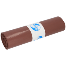 Un sac de gunoi EMIL DEISS KG DEISS 17001 Tip 60 (700x1100 mm, 25 bucăți/rolă) maro rulat, cu o etichetă "Premium" alb-albastră în mijloc, pe un fundal alb.