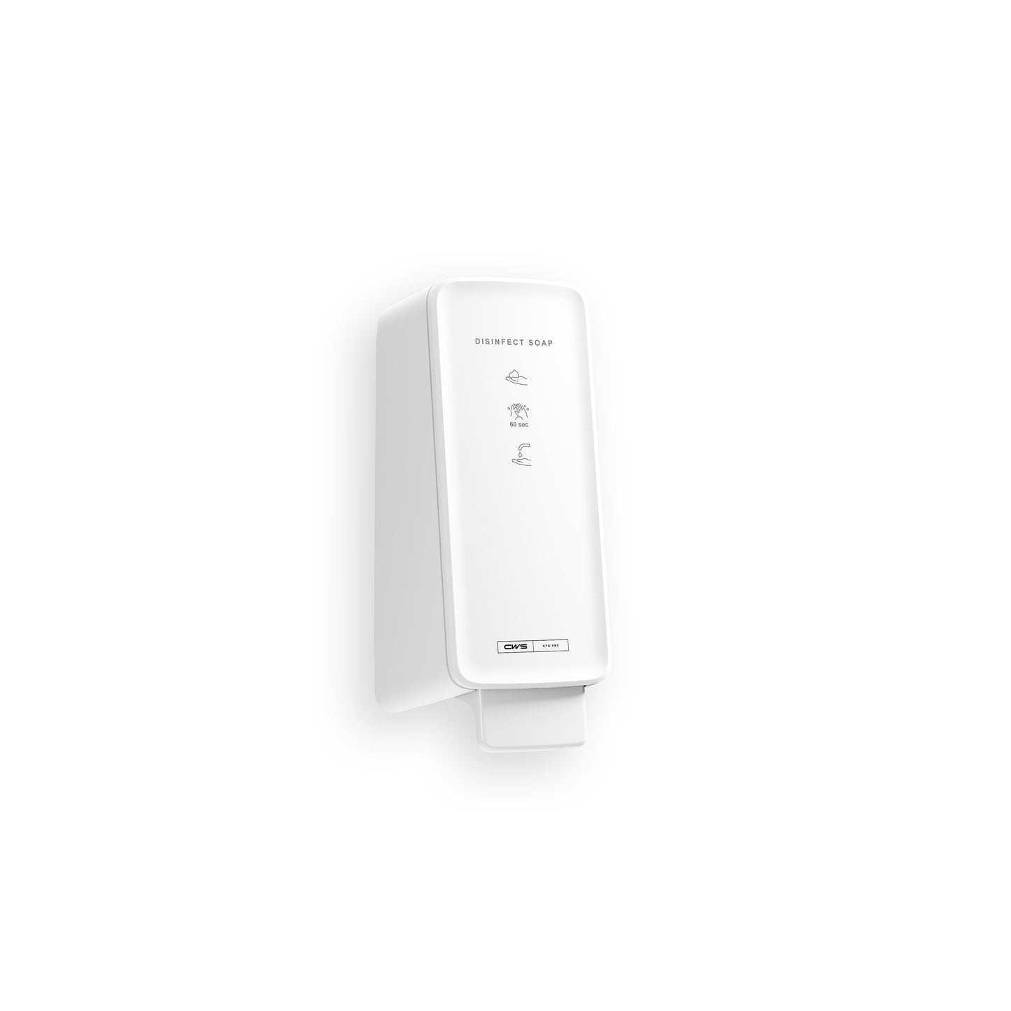 Ein weißer, wandmontierter Spender mit der Aufschrift "Disinfect Soap" spendet CWS PureLine Disinfect Foam (1 Stück) für eine effektive Desinfektion. Er verfügt über einfache Anwendungssymbole und einen rechteckigen Druckknopf an der Unterseite auf einem schlichten weißen Hintergrund.