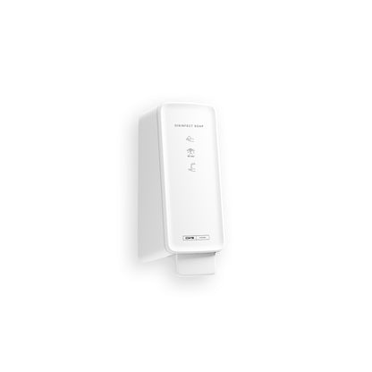 Ein weißer, wandmontierter Spender mit der Aufschrift "Disinfect Soap" spendet CWS PureLine Disinfect Foam (1 Stück) für eine effektive Desinfektion. Er verfügt über einfache Anwendungssymbole und einen rechteckigen Druckknopf an der Unterseite auf einem schlichten weißen Hintergrund.