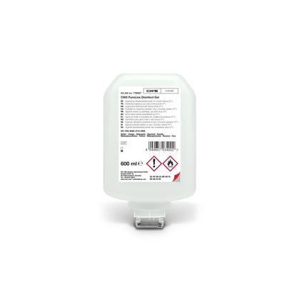 Recipientul de 600 ml CWS PureLine Desinfect Gel este un recipient transparent cu un capac alb de distribuitor și o etichetă cu informații despre produs, cod de bare și simboluri de pericol. Acest gel dezinfectant pentru mâini marca CWS este eficient împotriva germenilor și bacteriilor.