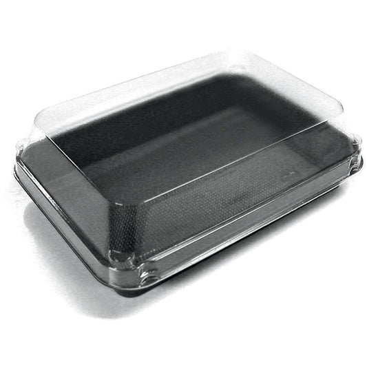Die Duni GmbH Lunchbox Schwarz / Transparent PS 185x135x54 (Packung à 200 Stück) ist ein klarer, rechteckiger Klappdeckel-Behälter, der sich ideal zum Verpacken von Backwaren oder Salaten to-go eignet und leer auf einer weißen Fläche abgebildet ist.