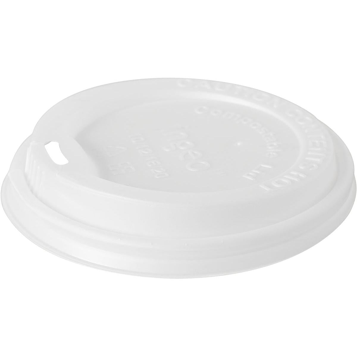 Imaginea prezintă un capac alb CPLA pentru 191952 de la Duni GmbH (pachet de 50 de bucăți) pe un fundal uni, cu o mică fantă pentru băut și inscripții în relief privind siguranța/compostabilitatea.