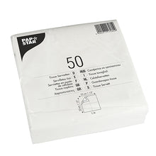 Eine versiegelte Packung mit 50 PAPSTAR GmbH Servietten 1/4-Falz, 33x33 cm, weiß, 2-lagig in einer Folienverpackung mit mehrsprachig aufgedruckten Produktangaben und Maßangaben.