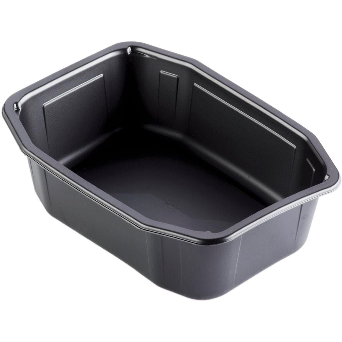 Tava PP HMR Schwarz PP 215x148 de la Duni GmbH este o tavă dreptunghiulară, neagră, reutilizabilă din polipropilenă, cu laturi ușor înclinate și colțuri rotunjite, prezentată goală pe un fundal alb.