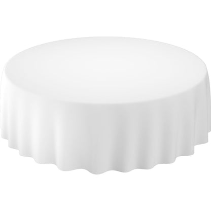 Fața de masă Evolin Ø 240 cm rotundă de la Duni GmbH acoperă masa complet și cade uniform peste margini cu eleganța sa albă.