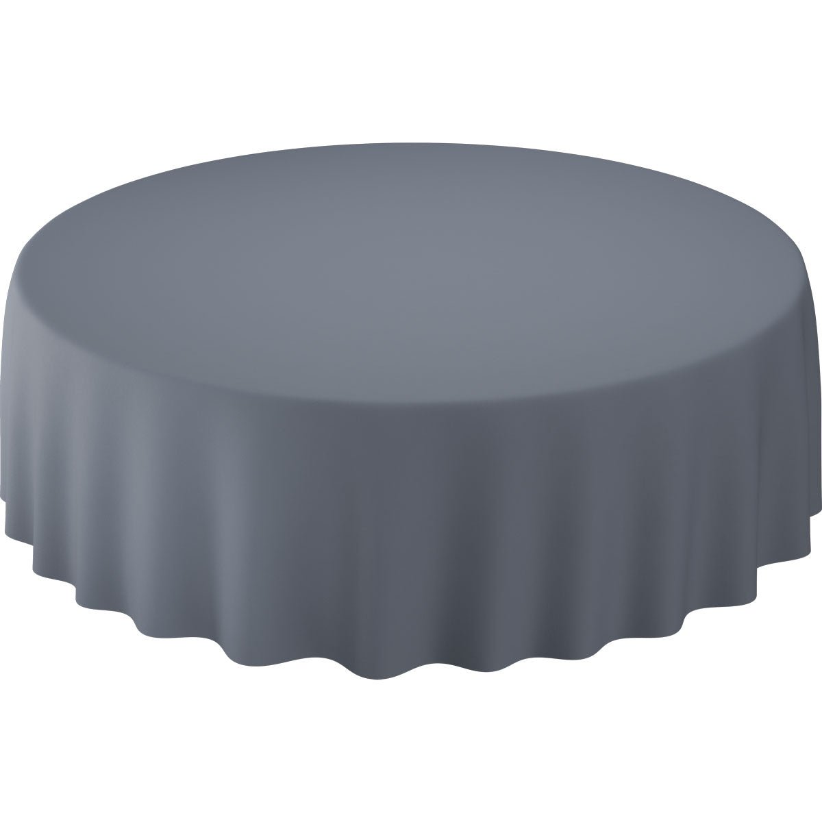 O masă rotundă cu fețele de masă Evolin Ø 240 cm rotunde de la Duni GmbH, cu o suprafață netedă și simplă de culoare gri, care se întinde elegant peste margini - ideală pentru un ambient sofisticat.