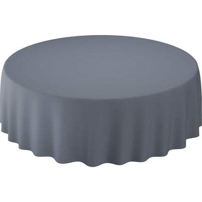 O masă rotundă cu fețele de masă Evolin Ø 240 cm rotunde de la Duni GmbH, cu o suprafață netedă și simplă de culoare gri, care se întinde elegant peste margini - ideală pentru un ambient sofisticat.