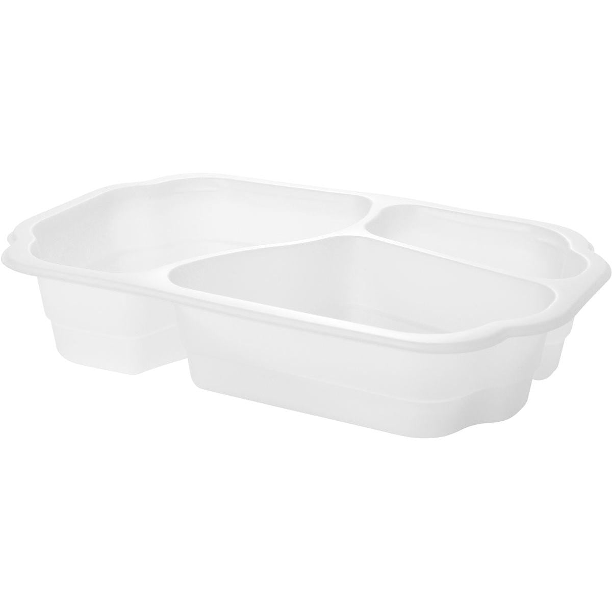 Un castron alb de bioplastic Take-Away 3 de la Duni GmbH (250x159x48 mm) este ilustrat oblic. Acesta dispune de trei compartimente cu margini rotunjite, care sunt separate prin pereți despărțitori ridicați. Castronul este gol și este fabricat din plastic.