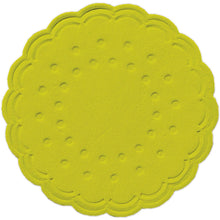 Ein runder, kiwifarbener Tassenuntersetzer (Ø 7,5 cm) der Duni GmbH mit stilvollem Design, von oben gesehen auf weißem Grund; erhältlich in Packungen zu 250 Stück oder in Sets zu 8 Stück.