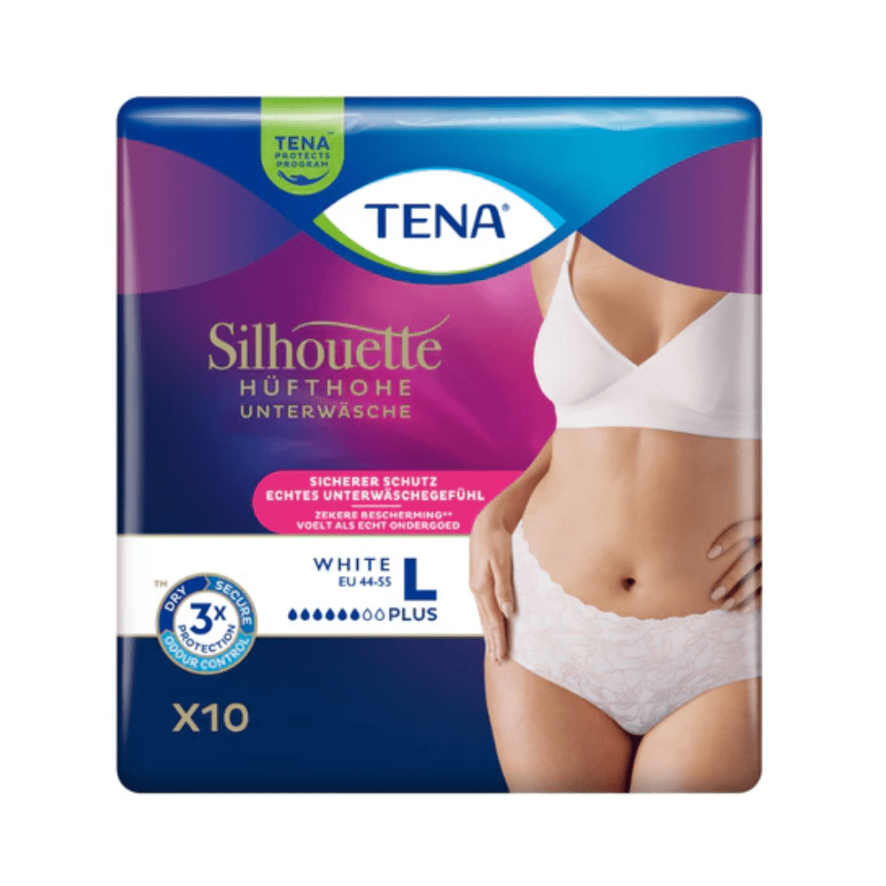 Un pachet de TENA Silhouette Plus White Pantaloni pentru incontinență, mărimea L, de la TENA – Essity Germany GmbH, arată o femeie care prezintă produsul. Ambalajul violet-albastru în limba germană subliniază protecția împotriva slăbiciunii vezicii urinare și conține 10 bucăți.